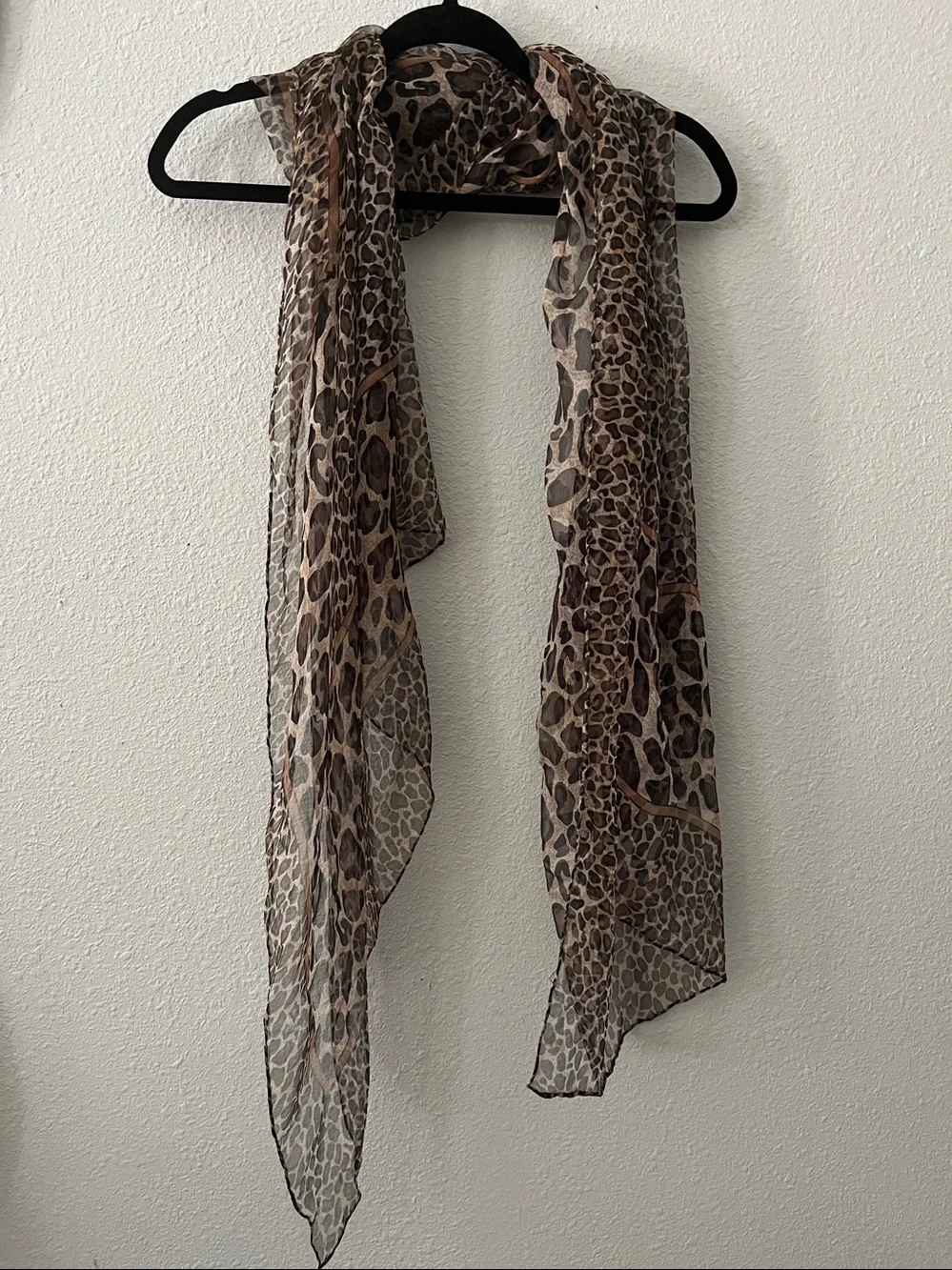 100% Silk Leopard Print Sheer Wrap scarf - Brown/Cream Hand rolled hem